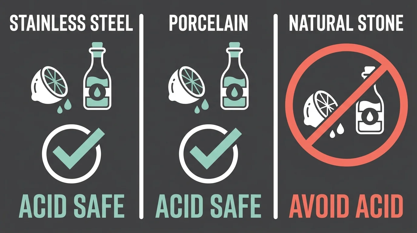 An infographic showing that stainless steel and porcelain are acid-safe, while natural stone sinks must avoid acidic cleaners.
