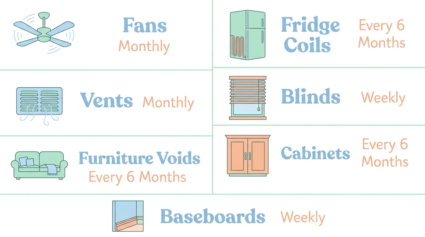 An infographic showing the recommended cleaning frequency for different dust traps in the home.