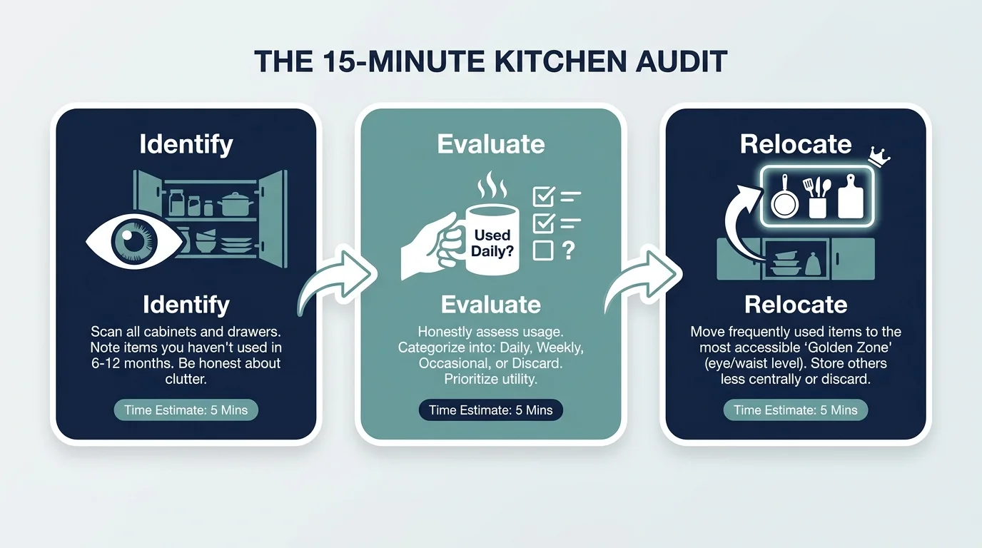 An infographic showing the three steps of a 15-minute kitchen audit: Identify, Evaluate, and Relocate.