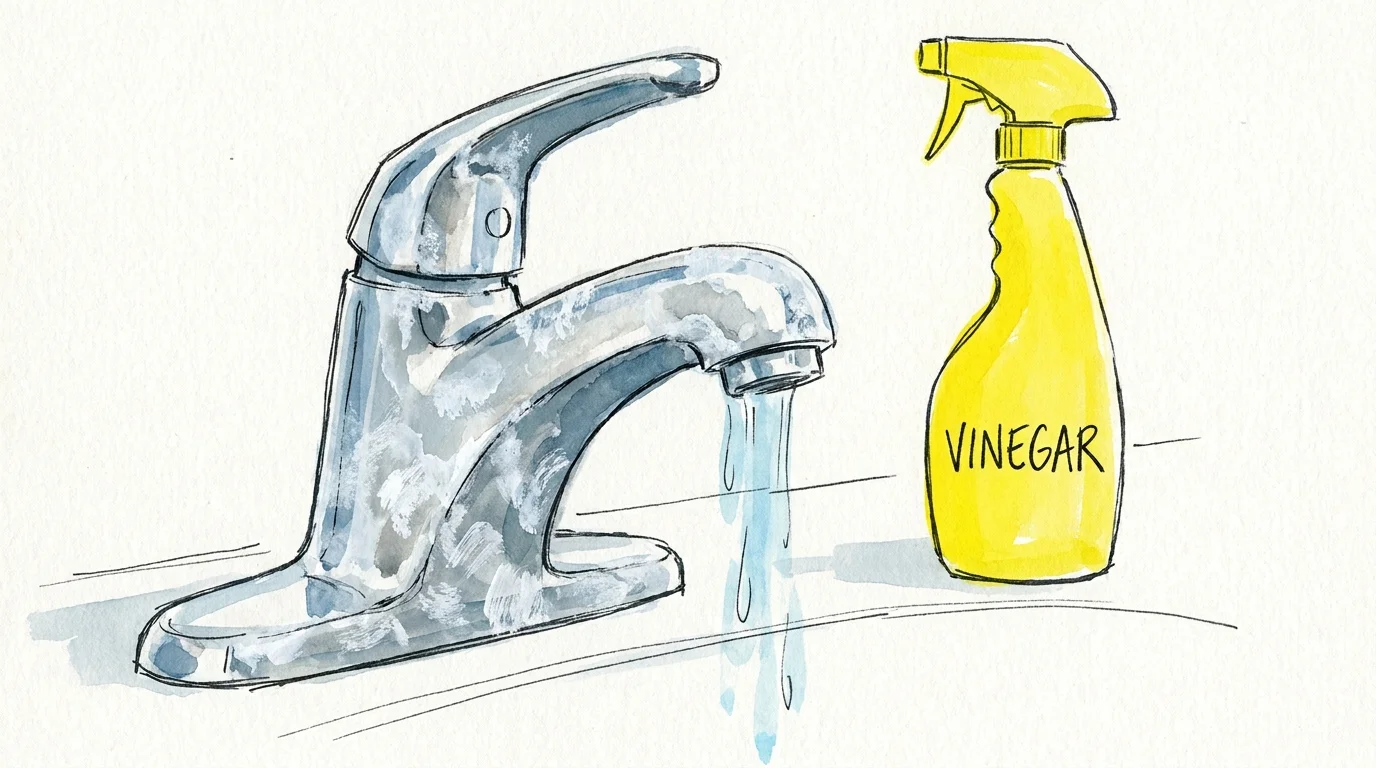 An ink and gouache sketch of a chrome faucet being treated with vinegar to remove cloudy mineral spots.