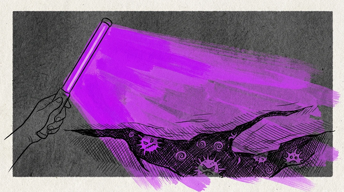 An ink and purple gouache illustration showing a UV wand's light passing over deep cracks where germs remain hidden.