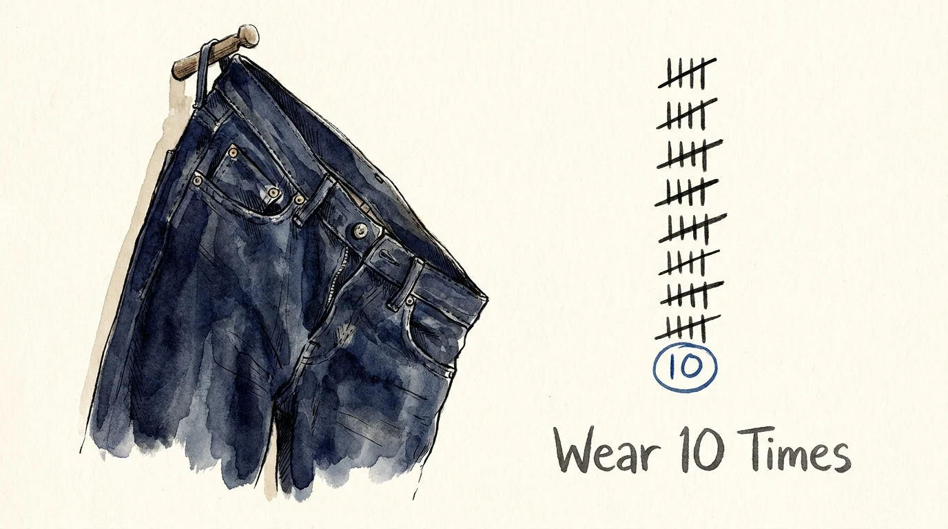 An ink and watercolor drawing of denim jeans next to a tally count reaching ten, illustrating the recommended wear frequency.