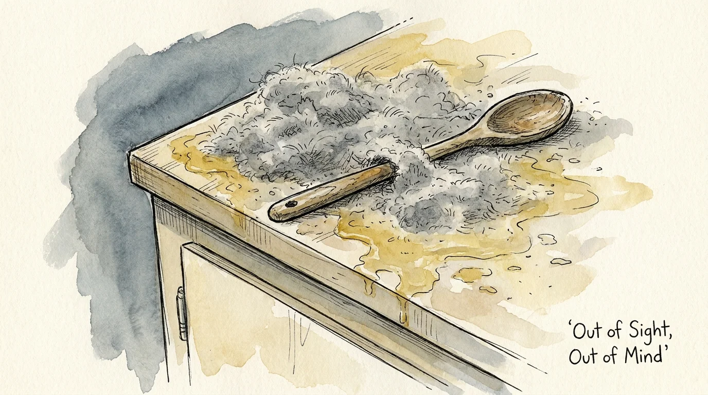 An ink and watercolor drawing showing a thick layer of dust and grease on top of a kitchen cabinet.