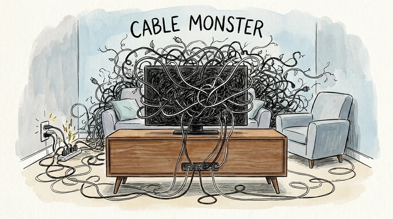 An ink and watercolor illustration of a tangled mess of black and white cables behind a TV stand.