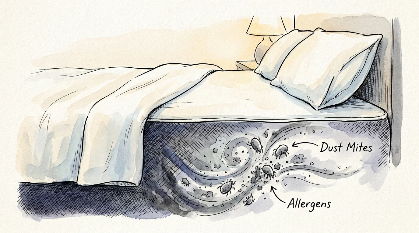 An ink and watercolor illustration showing a cross-section of a mattress with hidden dust mites and allergens beneath the surface.