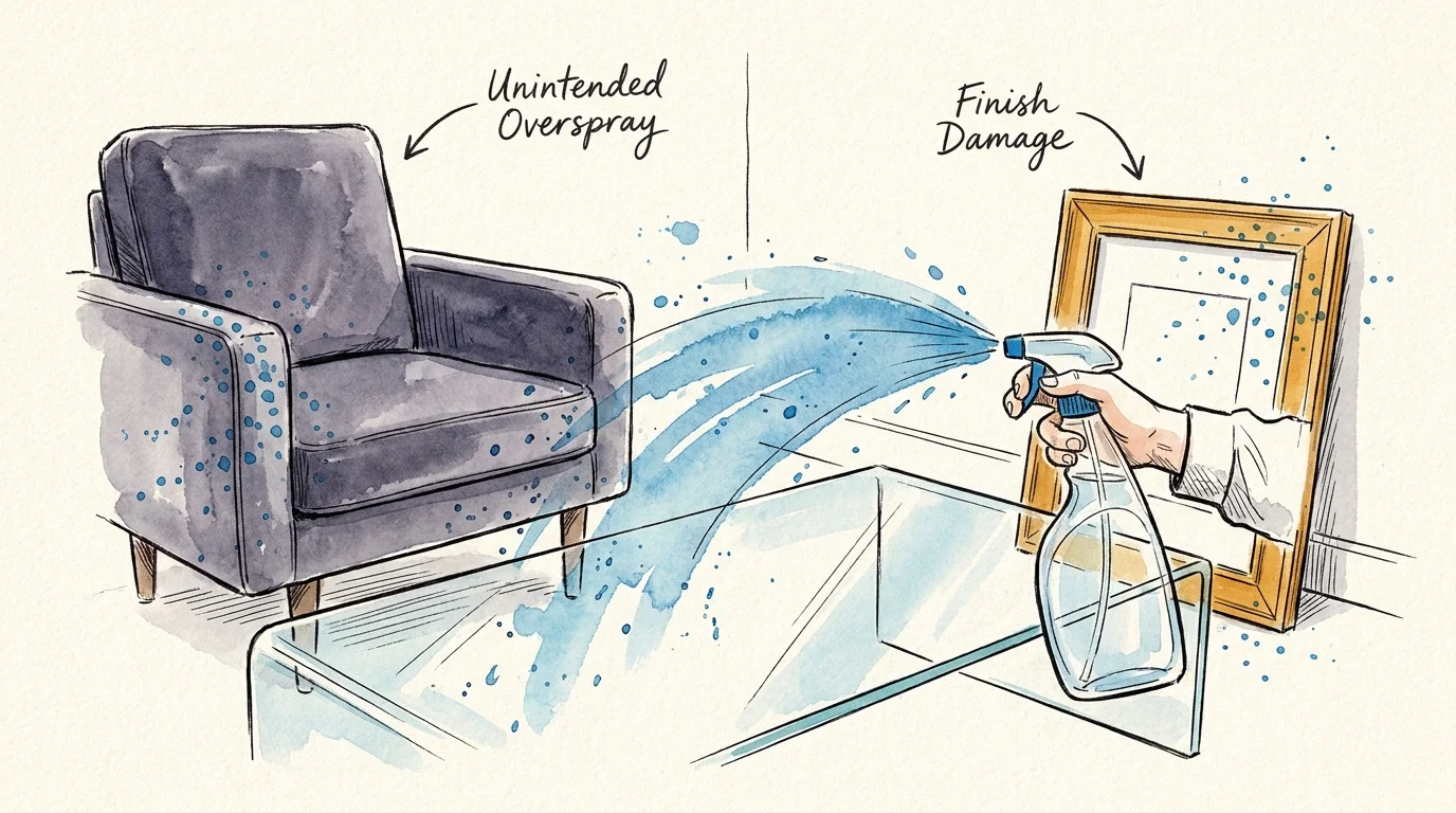 An ink and watercolor illustration showing a spray bottle misting a table, with droplets accidentally hitting nearby furniture.