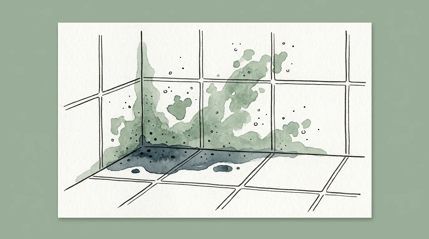 An ink and watercolor sketch of water pooling in shower tiles with green mold beginning to spread from the moisture.