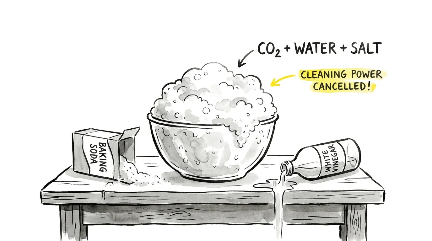 An ink drawing of baking soda and vinegar reacting in a bowl, with a label explaining the resulting fizz is just water and salt.