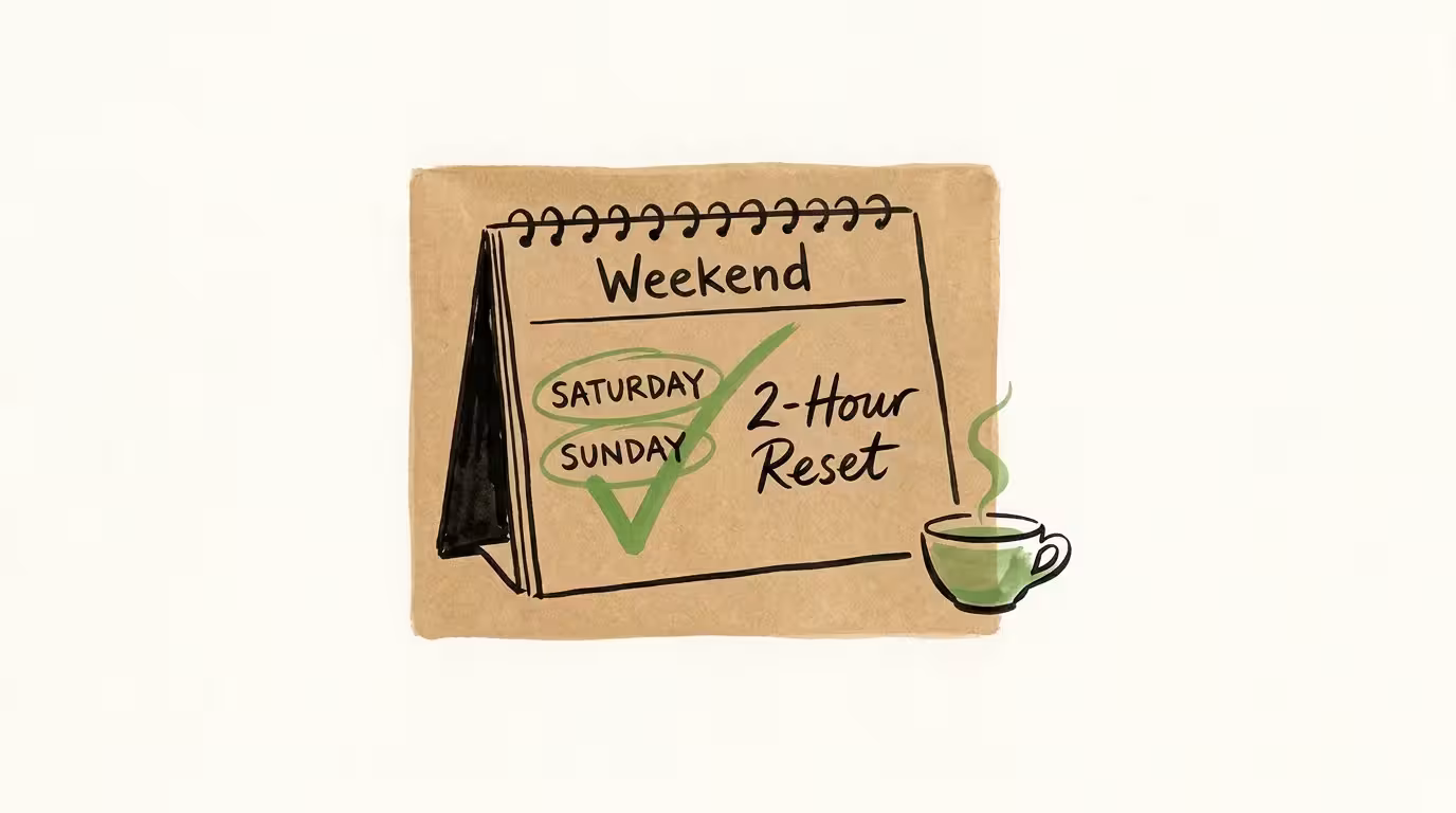An ink sketch of a calendar with a checkmark on the weekend and the words '2-Hour Reset'.