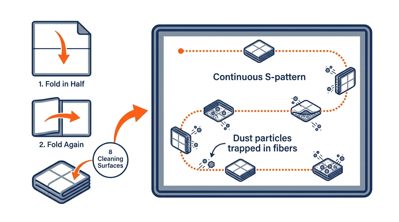 An instructional diagram showing how to fold a microfiber cloth into 8 sections and wipe in an S-pattern to trap dust.