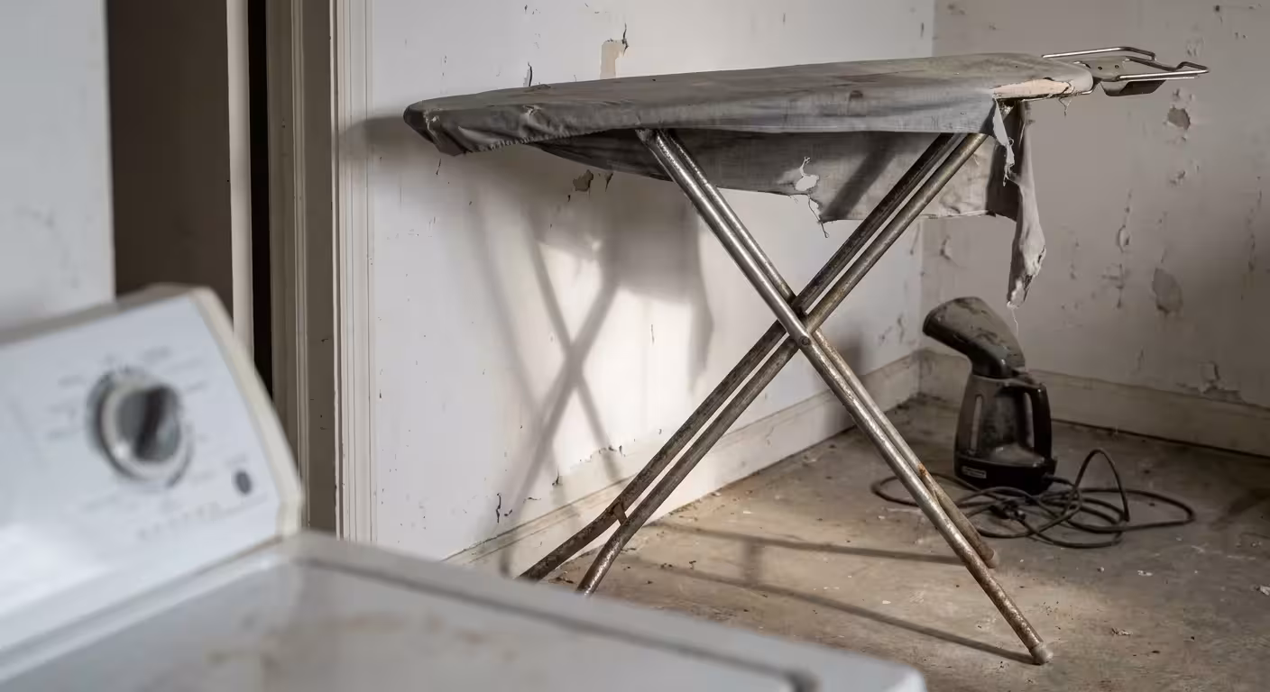 An old ironing board leaning against a wall next to a dusty steamer, taking up valuable floor space.