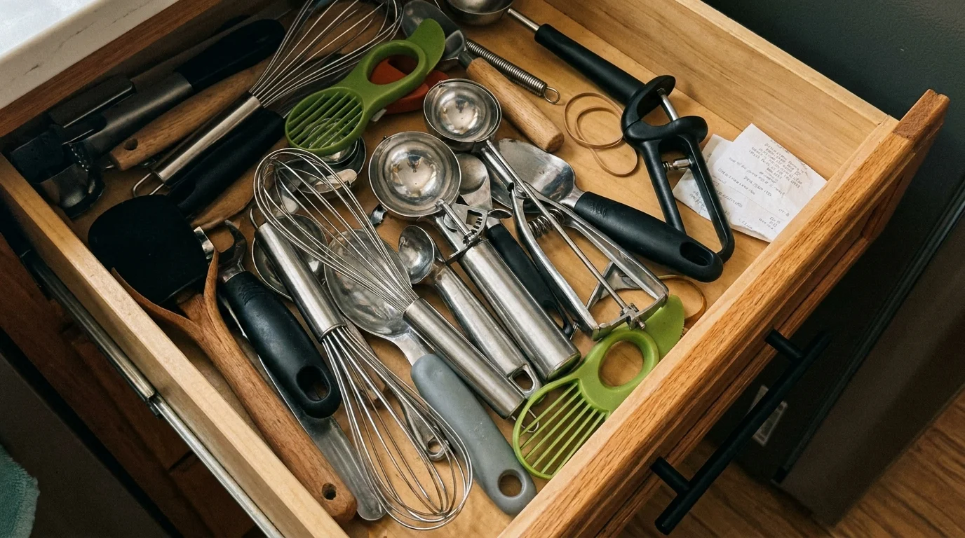 An open kitchen drawer overflowing with duplicate utensils like multiple whisks and specialized plastic gadgets.