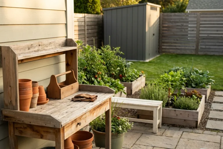 An organized backyard featuring a potting bench, raised garden beds, and a tidy lawn under warm sunset light.