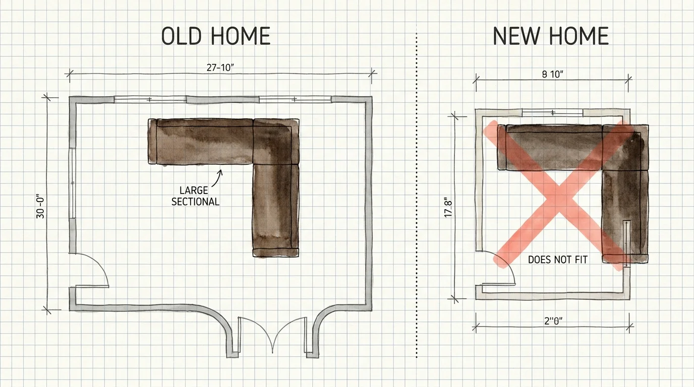 Architectural watercolor diagram comparing a large sofa fitting in an old home versus being too big for a new, smaller floor plan.