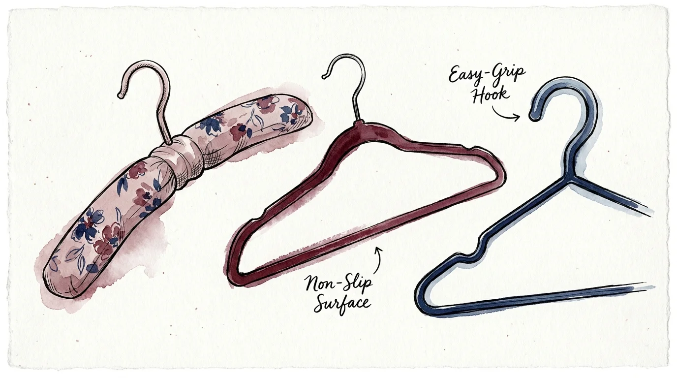 Artistic watercolor illustration of various easy-to-grip and non-slip hangers designed for hand comfort.