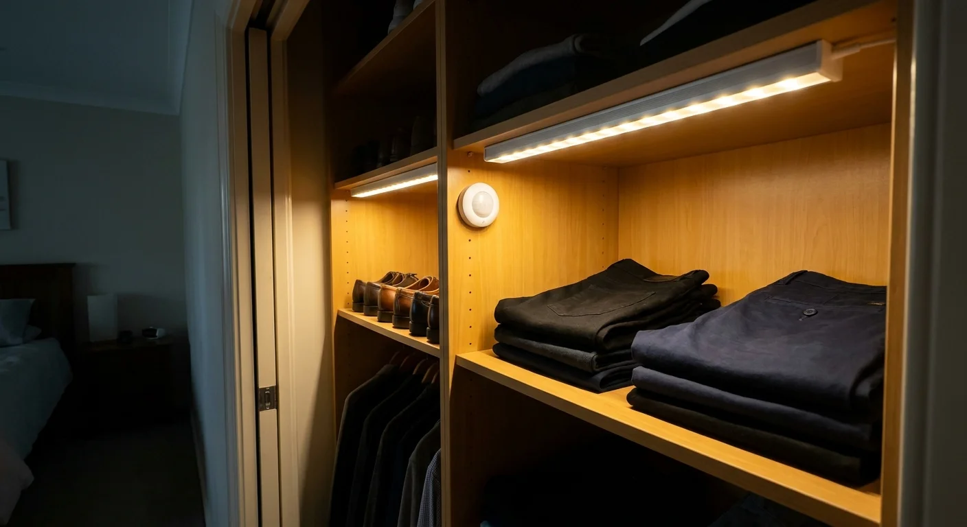 Bright, warm motion-activated LED lighting illuminating the interior of a dark closet.