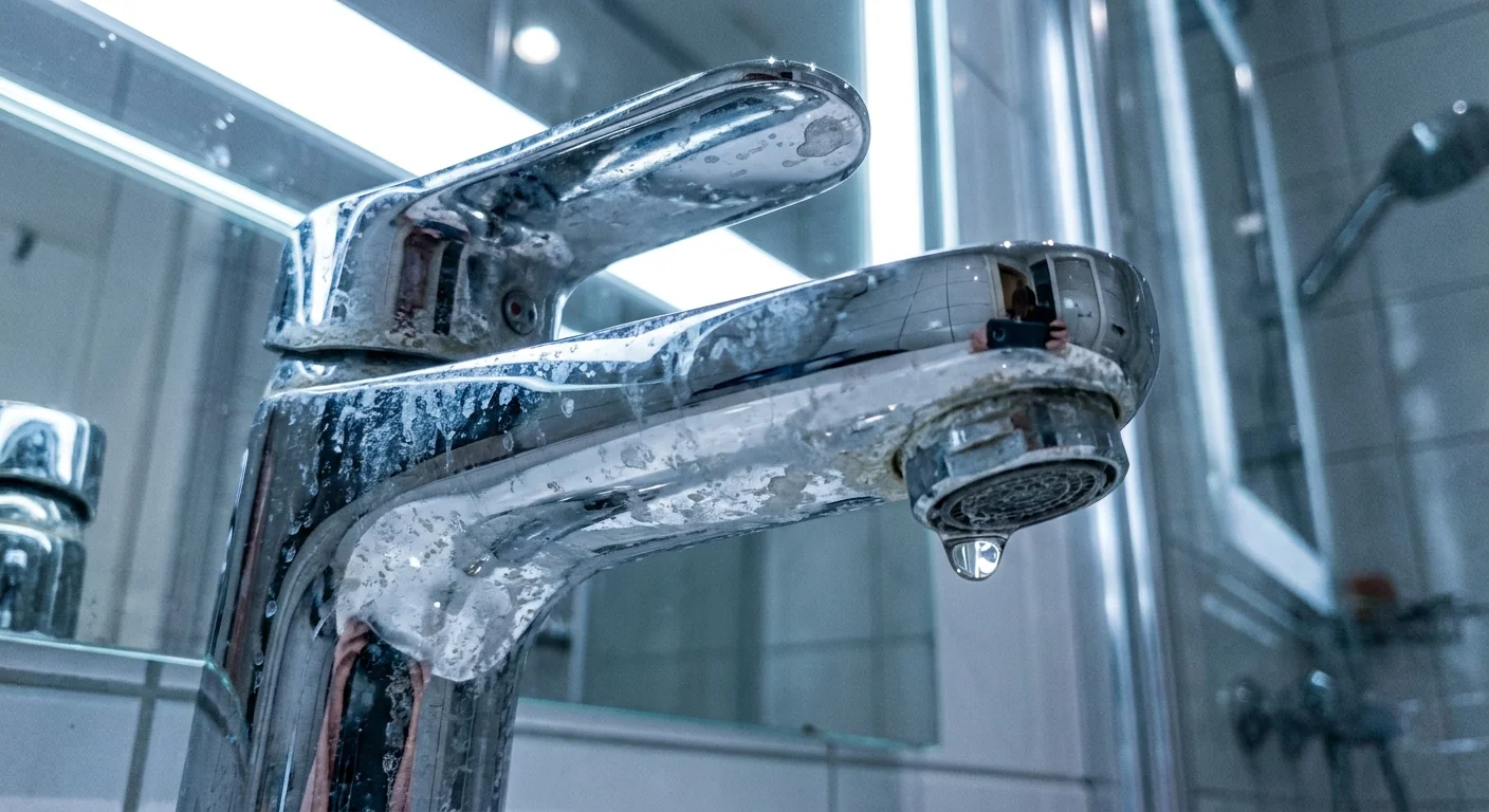 Close-up of a chrome faucet covered in white mineral buildup and water spots.