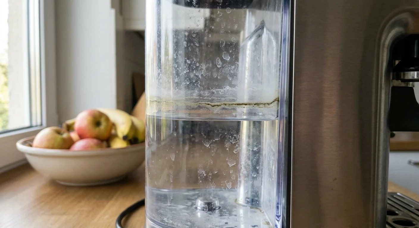 Close-up of a coffee maker's water tank showing subtle white mineral buildup and a slight residue line.