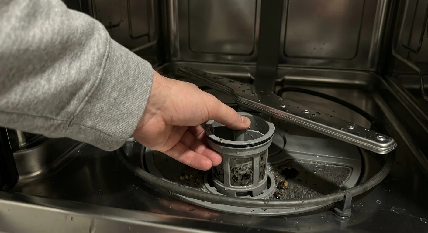 Close-up of a hand reaching for the cylindrical plastic filter at the bottom of a dishwasher tub.