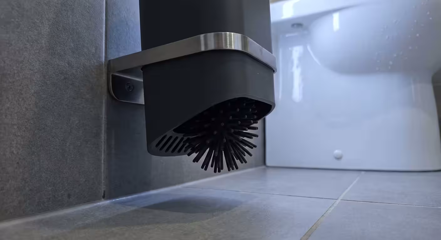 Close-up of a modern, ventilated silicone toilet brush holder mounted on a clean bathroom wall.
