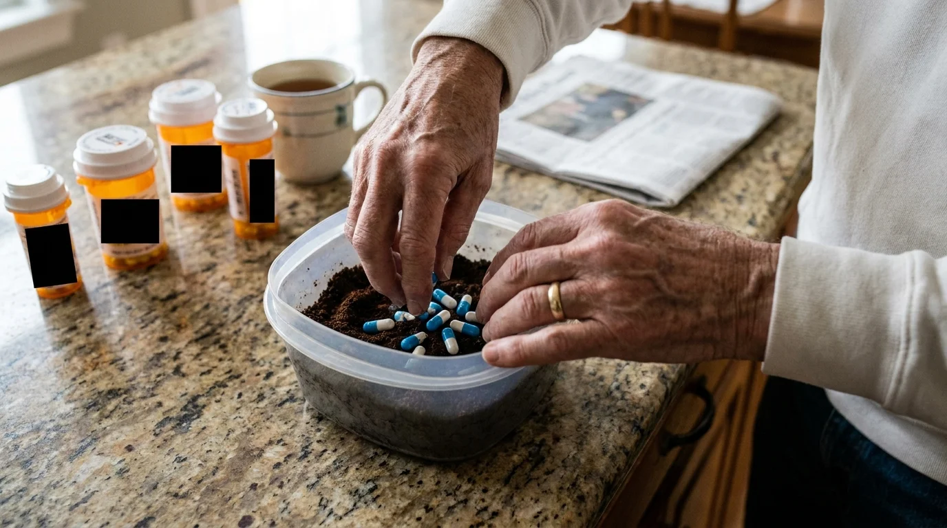 Close-up of a person's hands mixing old pills with coffee grounds for safe disposal, as recommended by FDA guidelines.