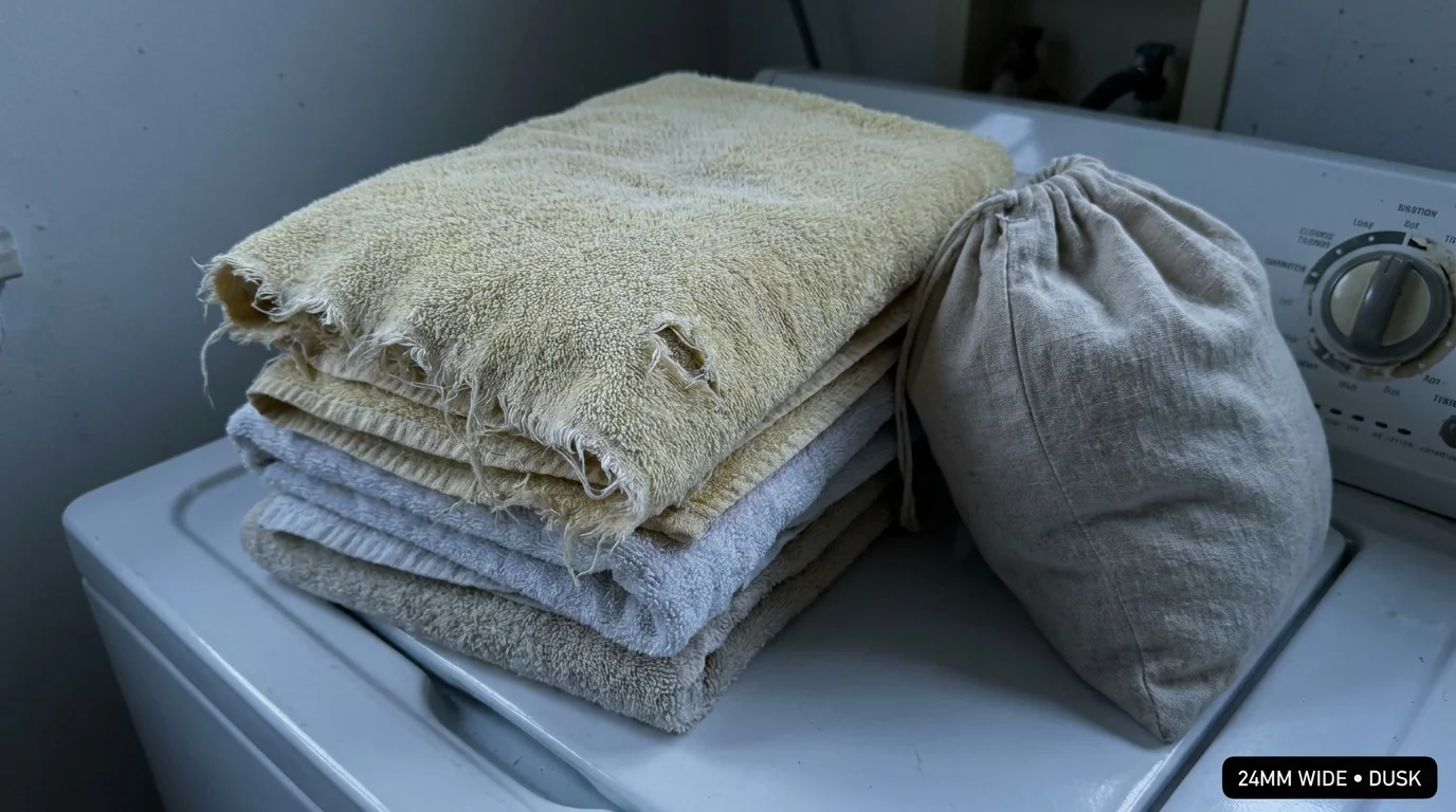 Close-up of a stack of old, faded yellow towels with frayed edges sitting on a laundry machine.