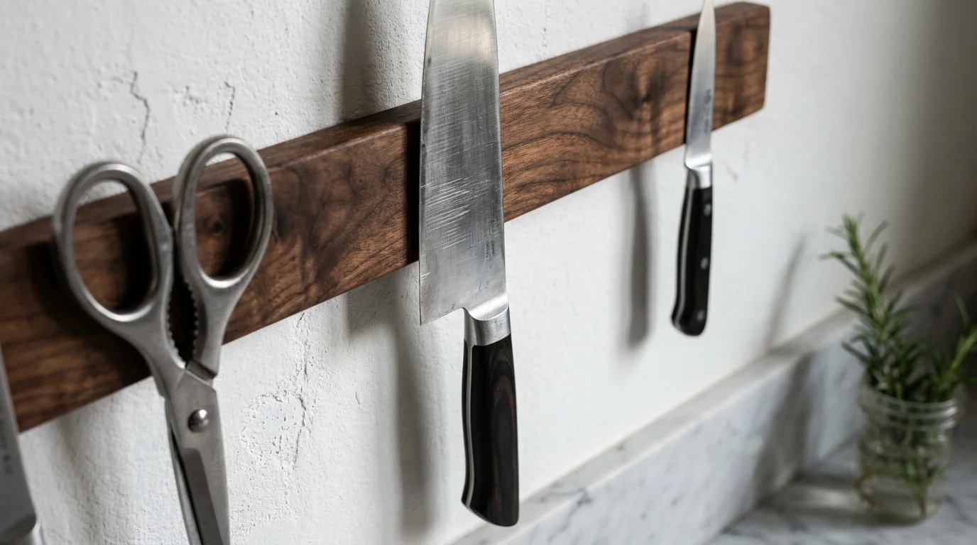 Close-up of a wooden magnetic strip on a wall holding a chef's knife and kitchen shears.