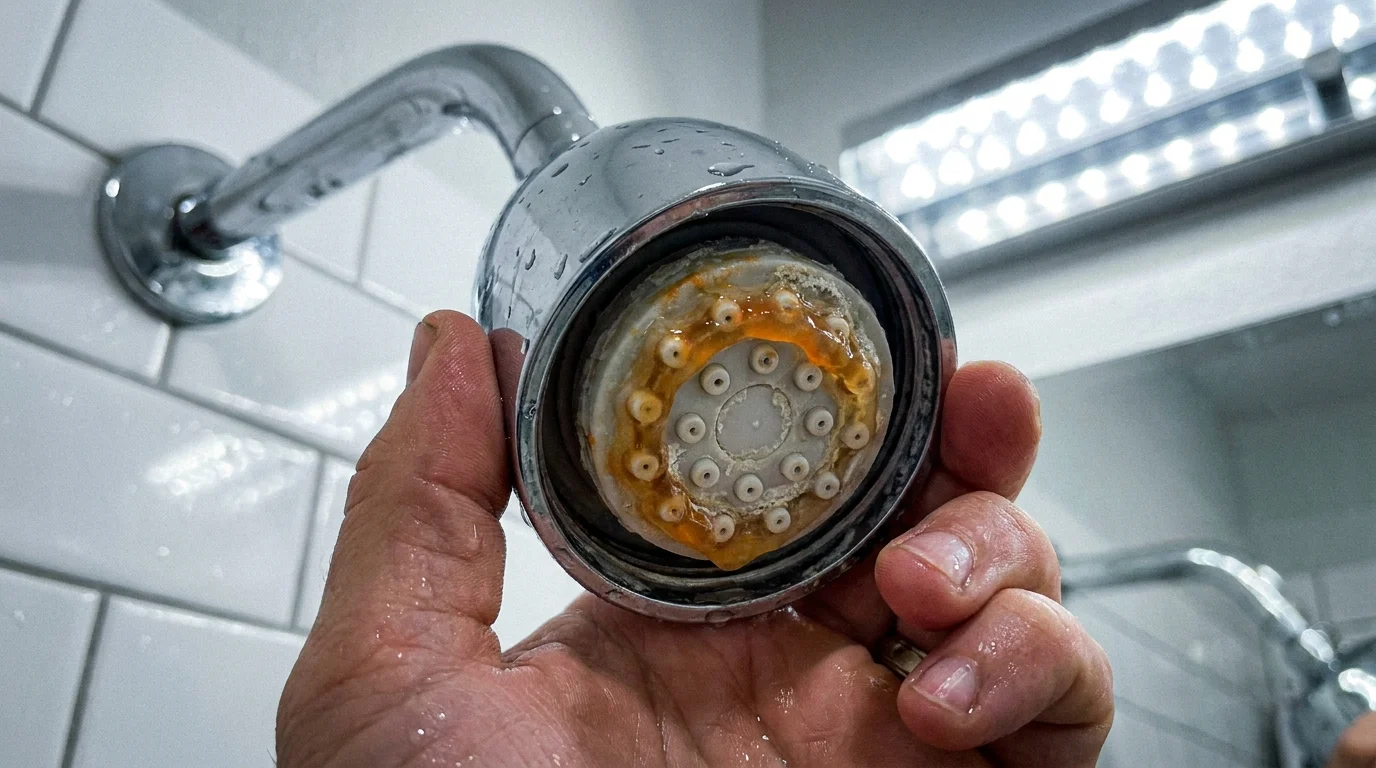 Close-up photo of a chrome showerhead being unscrewed to reveal orange biofilm and mineral buildup inside.