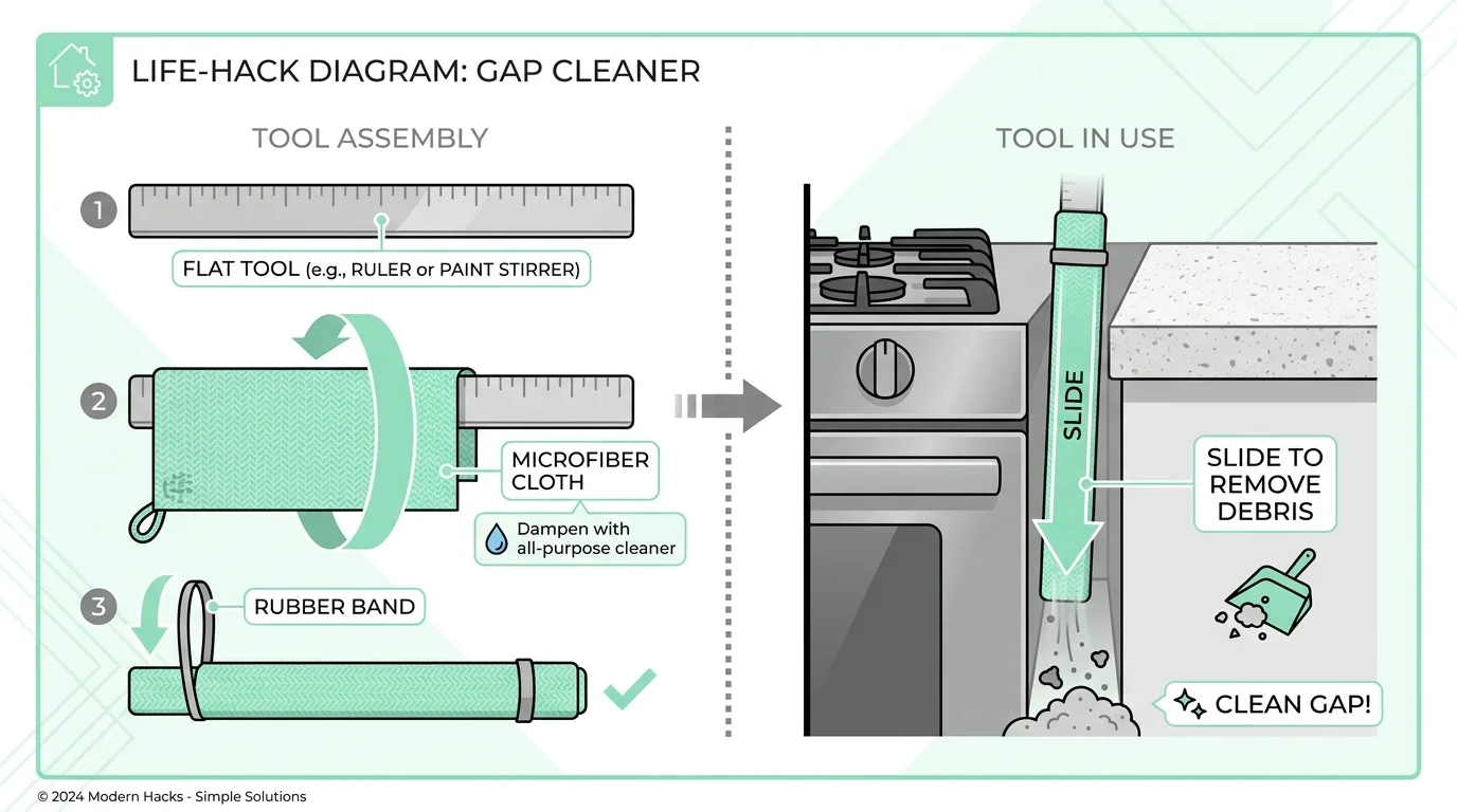 Diagram of a flat tool wrapped in a cloth being used to clean the narrow space beside a stove.