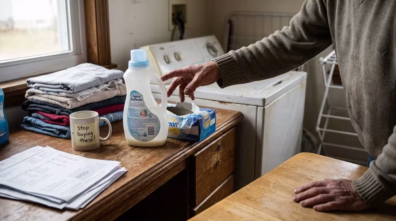 Editorial photograph illustrating: 1. Liquid Fabric Softeners and Scented Dryer Sheets