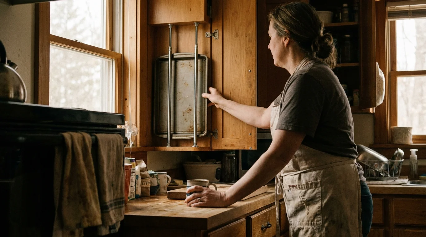 Editorial photograph illustrating: 7. Use Tension Rods for Vertical Pan and Board Storage