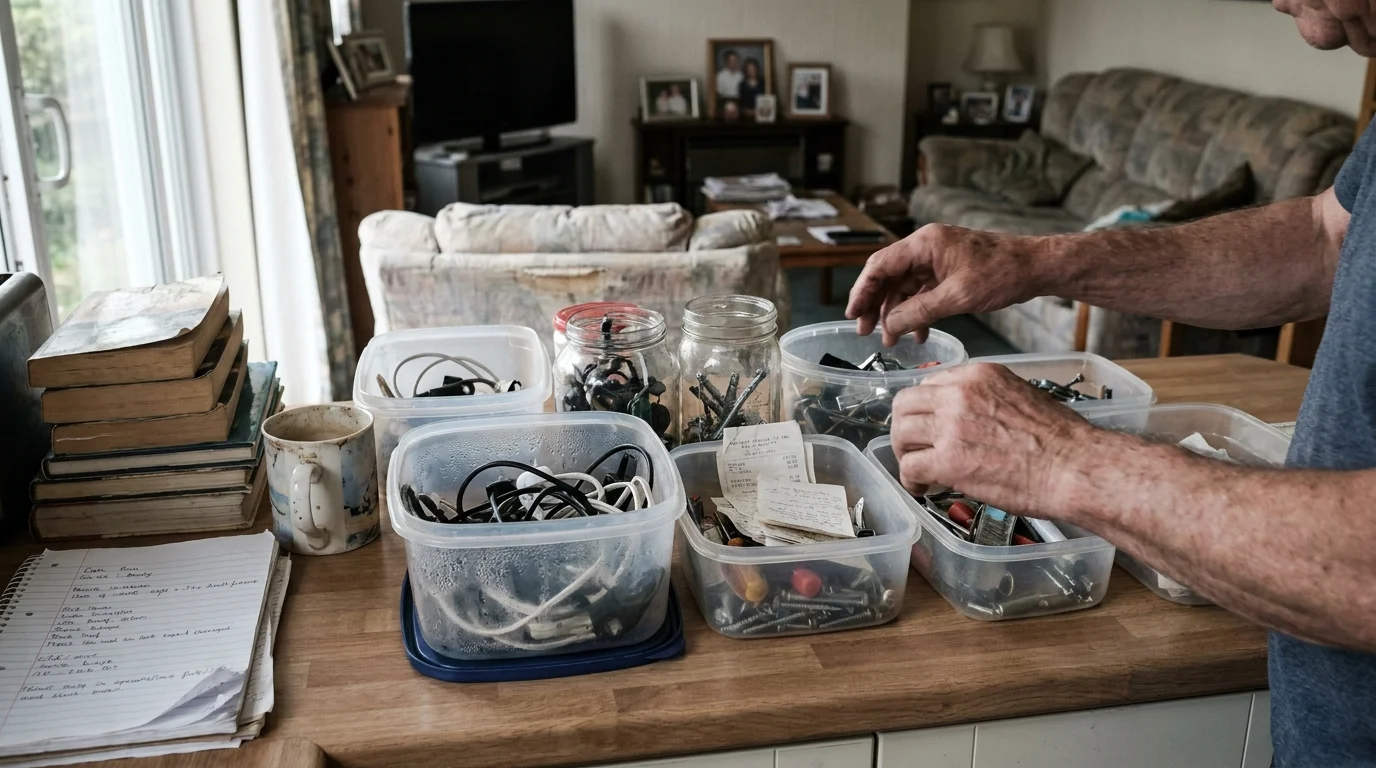 Editorial photograph illustrating: Mismatched or Clear Storage Containers Showing Chaos