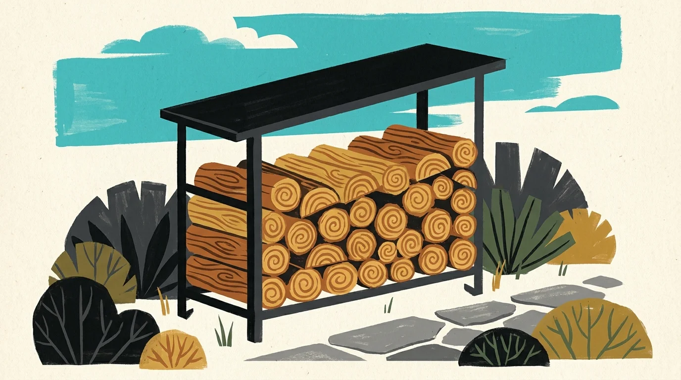 Gouache illustration of a modern firewood rack with stacked logs and a protective roof.