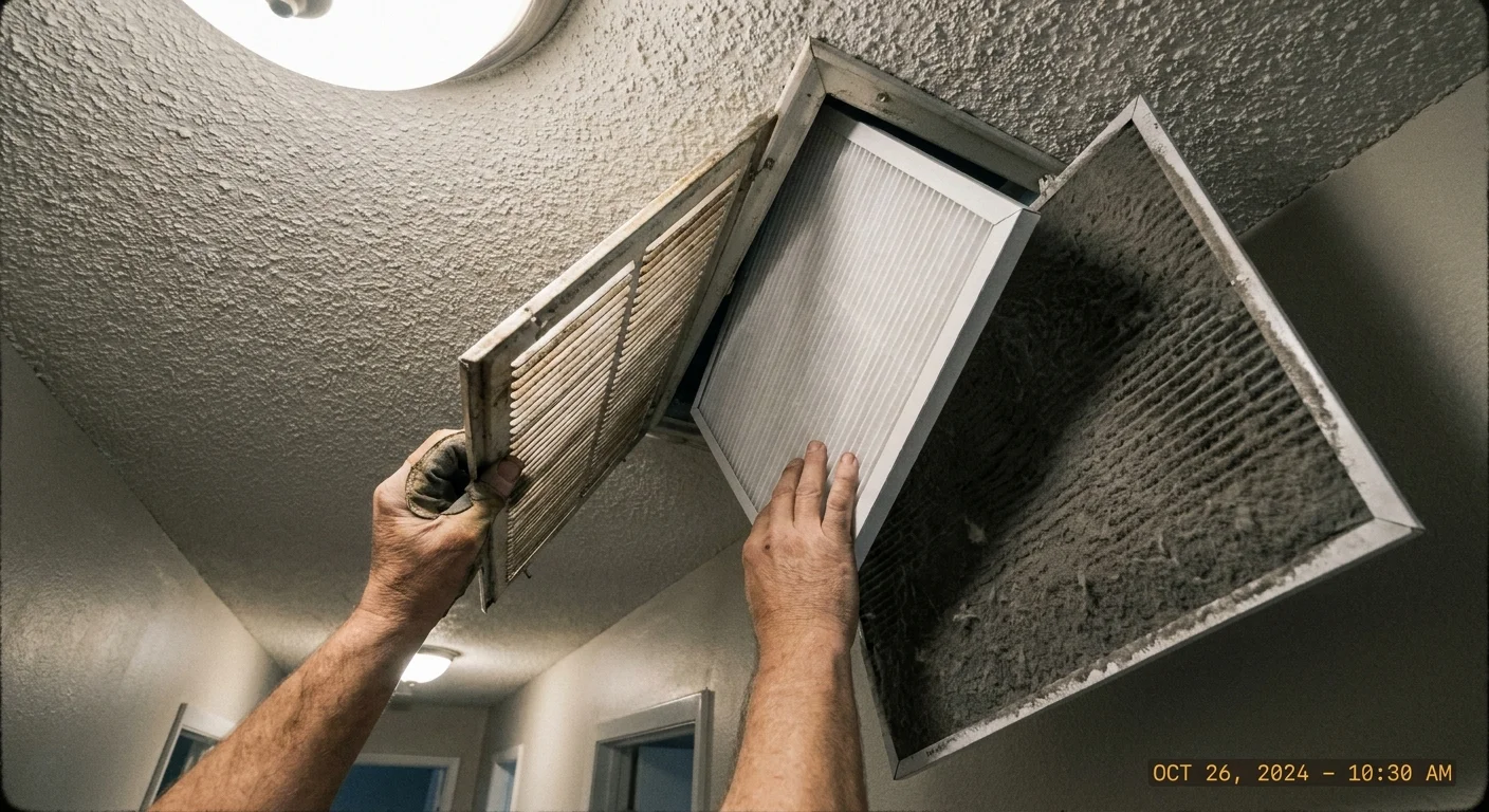 Hands replacing a dirty, gray HVAC air filter with a clean white one in a ceiling vent.