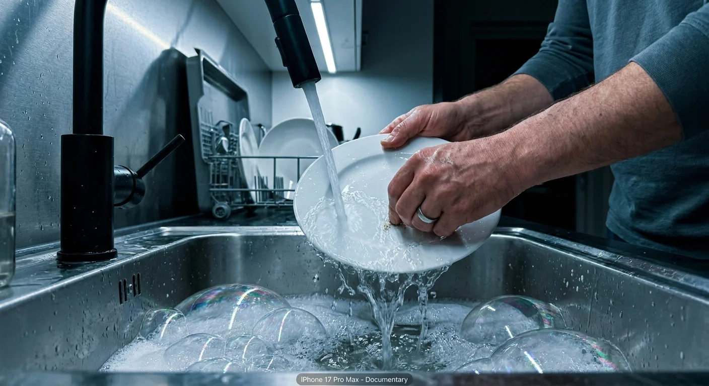 Hands rinsing a nearly clean plate under a running faucet, showing the waste of water and time.