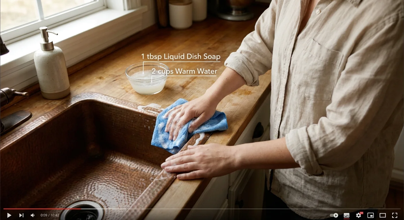 Hands wiping a kitchen sink with a microfiber cloth and soapy water, with ingredient labels on screen.