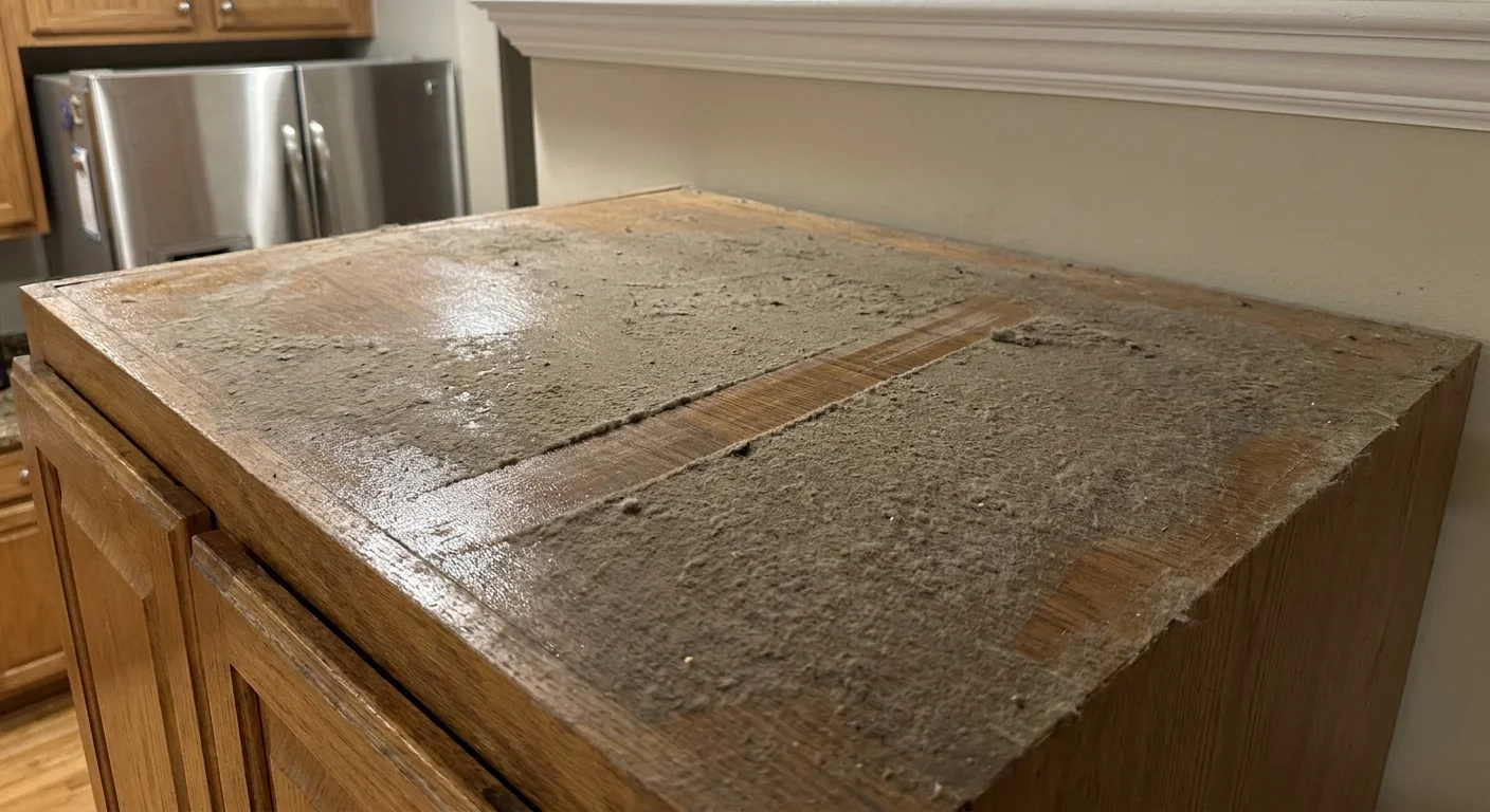 High-angle photo of the top of a kitchen cabinet with a thick layer of dust and a single clean finger-swipe.