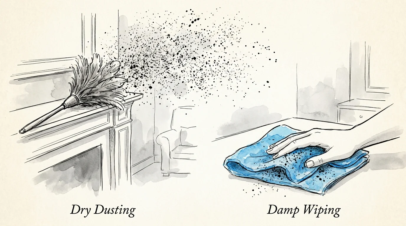 Illustration comparing a dry duster scattering dust into the air versus a damp cloth trapping it.