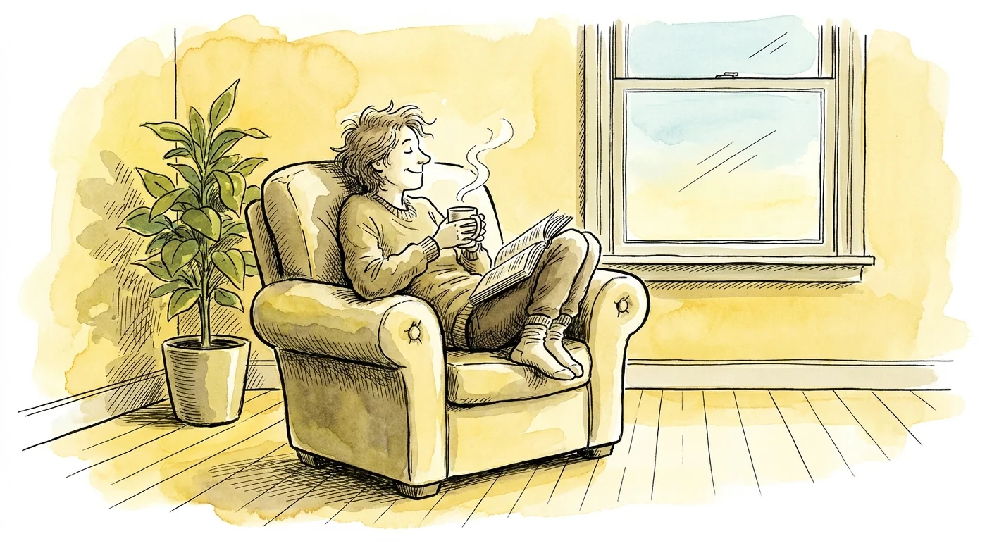 Illustration of a person relaxing with tea in a clean, peaceful living room.