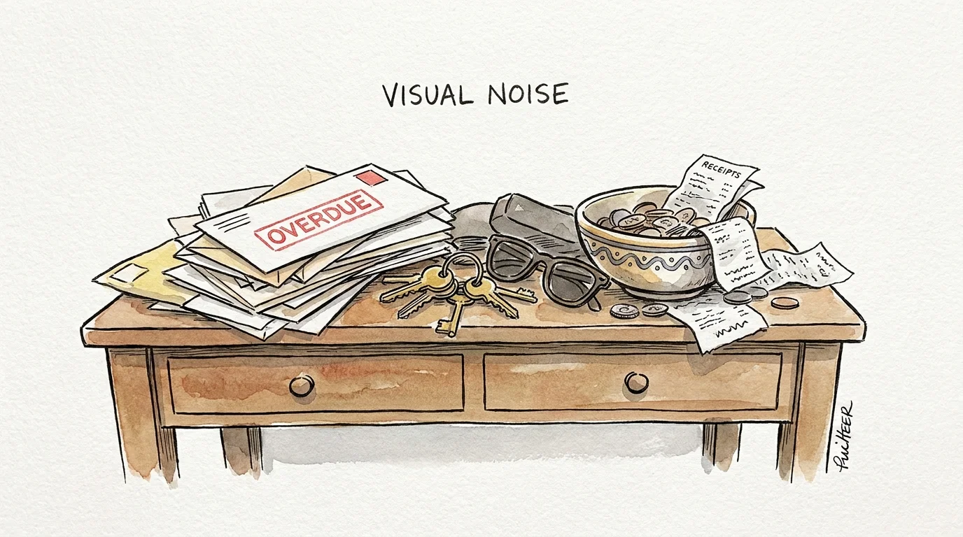 Illustration of a wooden table cluttered with a pile of mail, keys, and sunglasses.