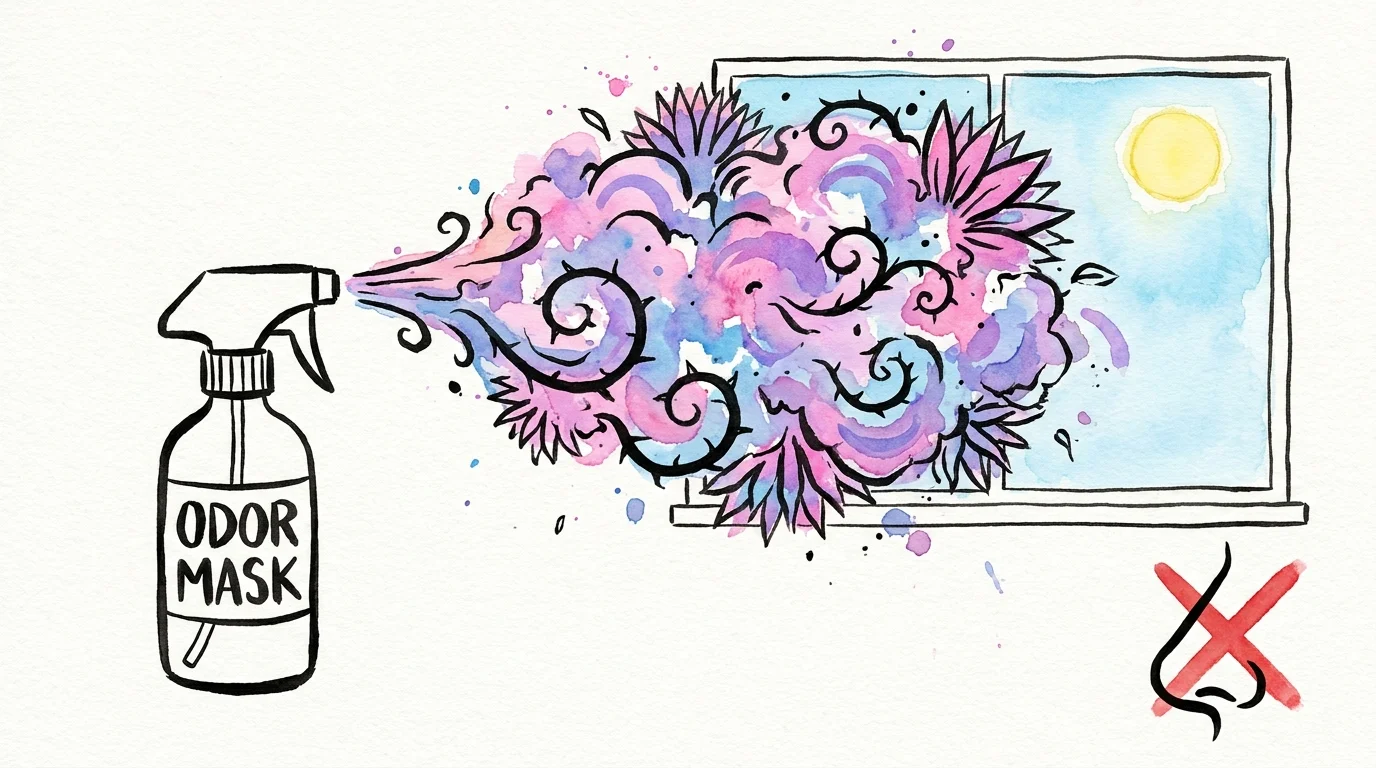 Illustration showing a spray bottle releasing a heavy, jagged cloud of pink and purple floral fumes, representing chemical irritants.