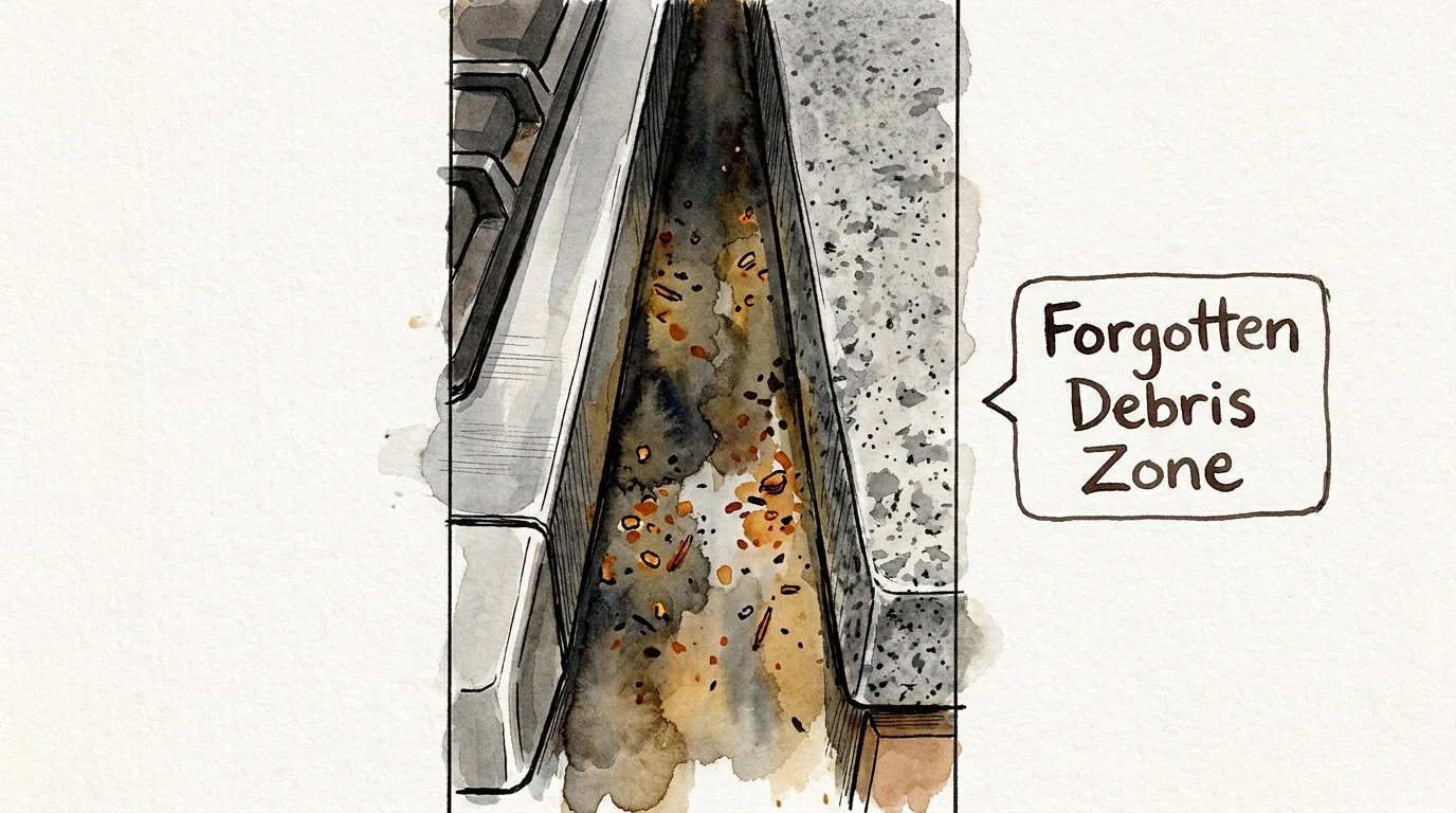 Illustration showing a top-down view of the narrow gap between a stove and a countertop, filled with crumbs.