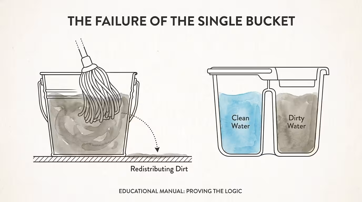Illustration showing how a single-bucket mop system spreads dirty water, compared to a clean two-bucket system.