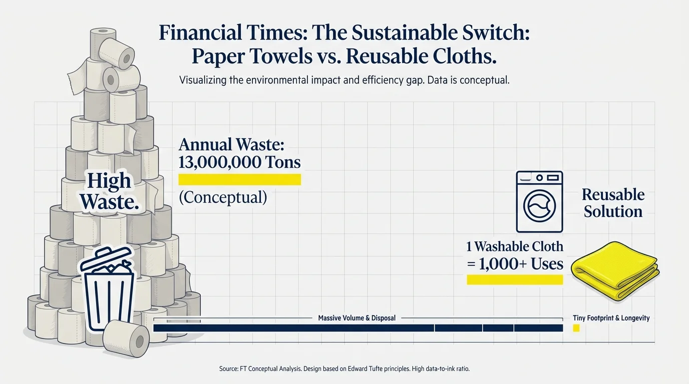 Infographic comparing the massive waste of paper towels to the high reuse value of a single microfiber cloth.