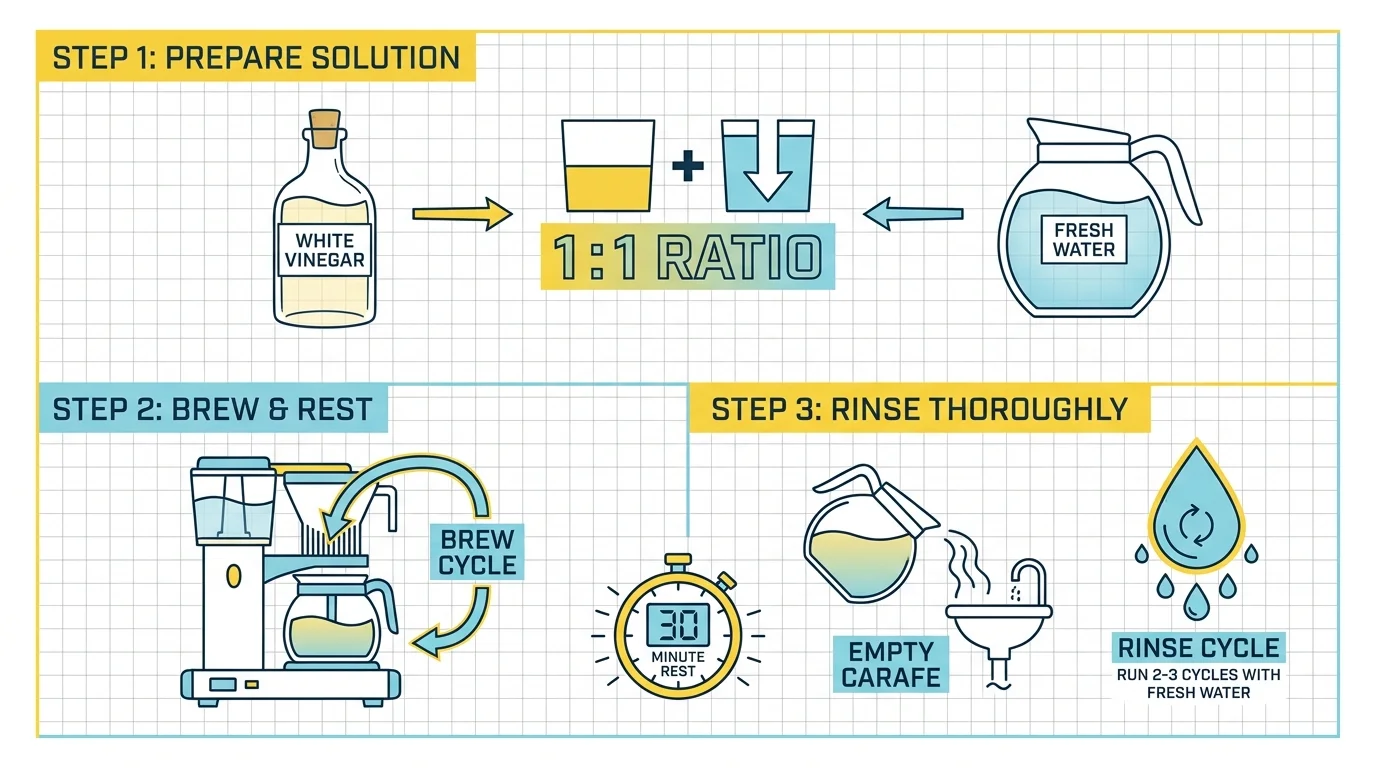 Infographic showing a 1 to 1 ratio of vinegar and water, followed by a brew cycle and a 30 minute rest period.