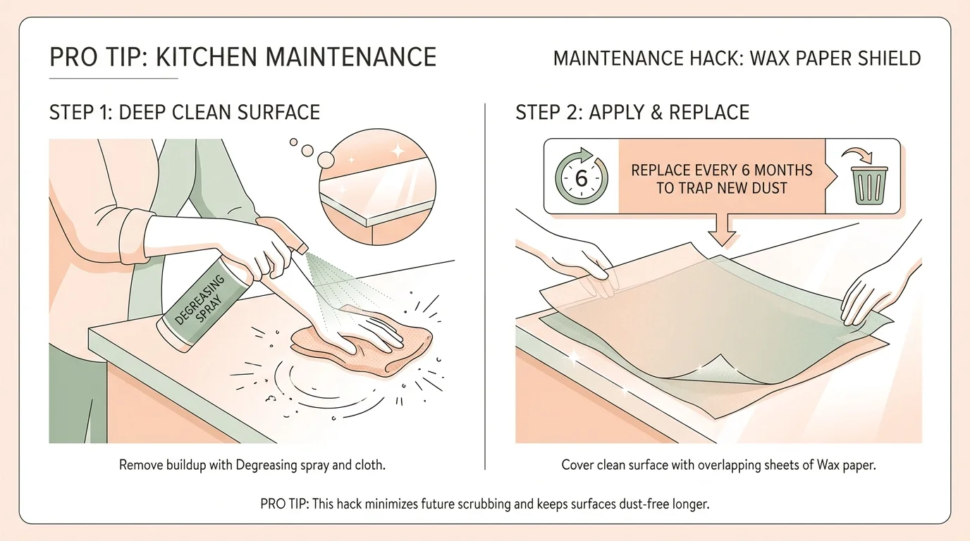 Infographic showing a person cleaning a cabinet top and then covering it with wax paper as a dust shield.