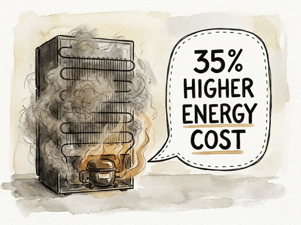 Ink and watercolor drawing of dusty refrigerator coils with a label highlighting a 35 percent increase in energy costs.