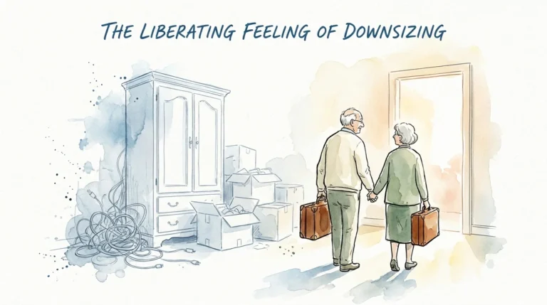 Ink and watercolor illustration of a senior couple walking toward a sunlit doorway, symbolizing the freedom of a clutter-free life.