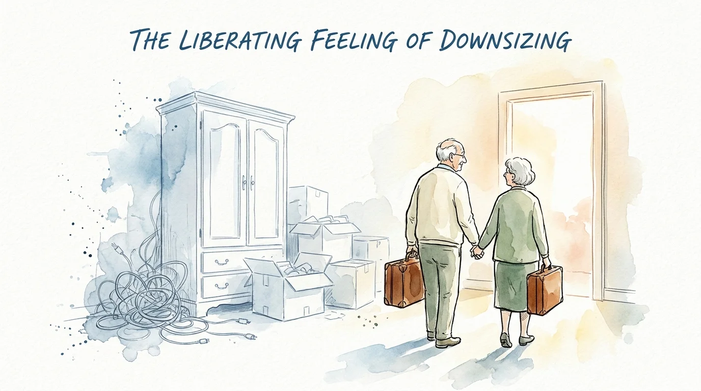 Ink and watercolor illustration of a senior couple walking toward a sunlit doorway, symbolizing the freedom of a clutter-free life.