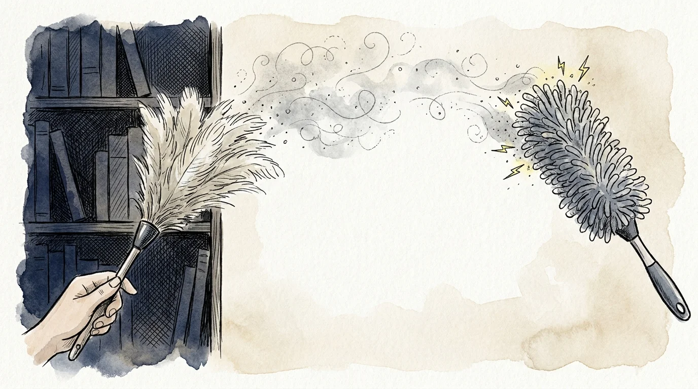 Ink and watercolor illustration showing a feather duster scattering dust into the air while a microfiber duster captures it.